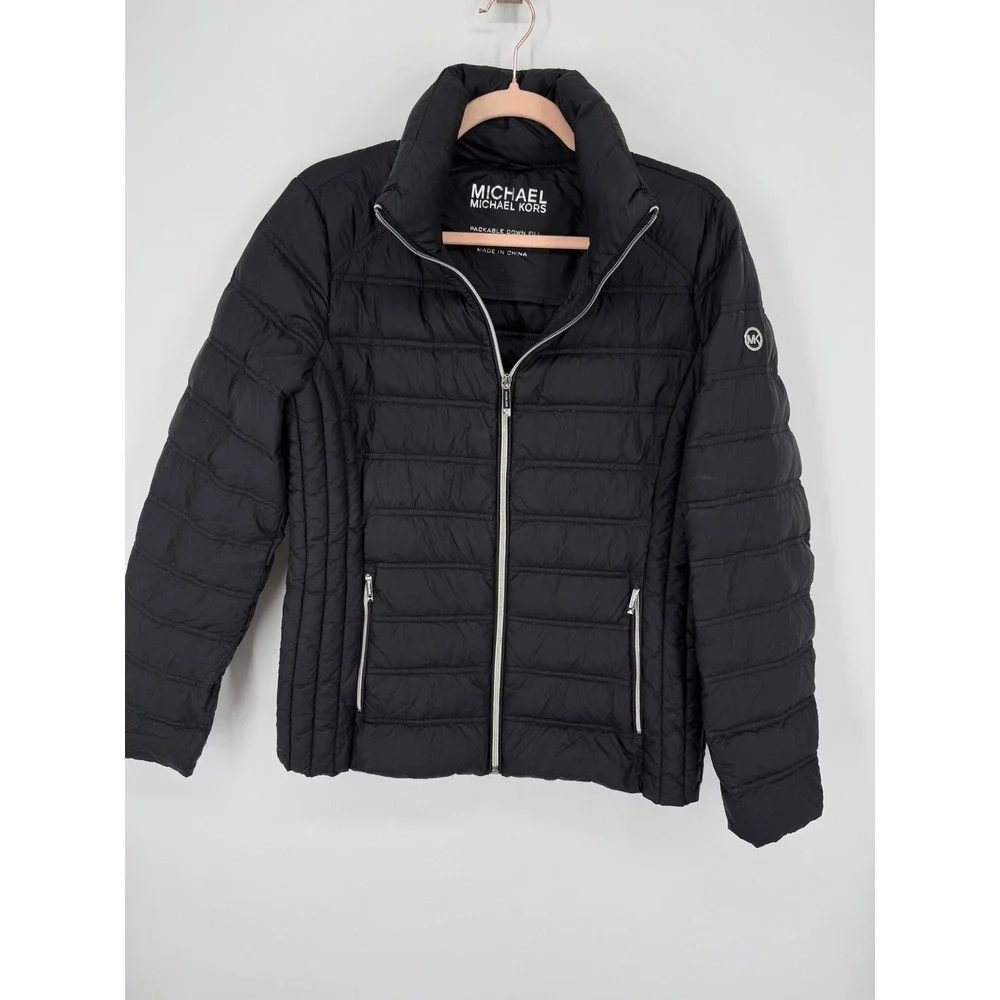 Michael Kors Puffer Jacket Women Medium Black Packable Down Quilted Zip